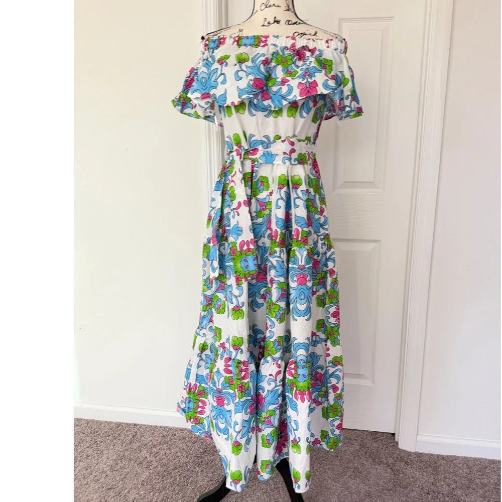 Fame Istanbul Floral Off Shoulder Maxi Dress White Blue Pink Green Tiered M - Picture 14 of 14